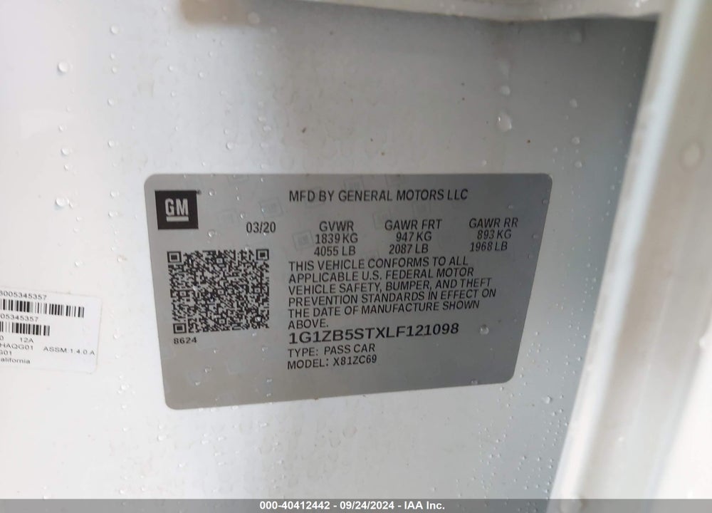 2020 CHEVROLET MALIBU FWD LS VIN: 1G1ZB5STXLF121098