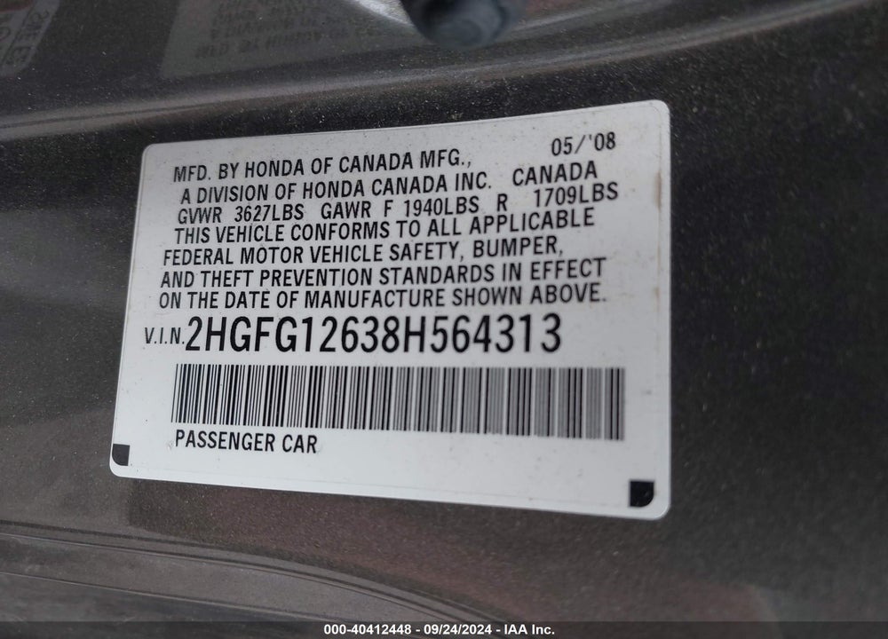 2008 HONDA CIVIC LX VIN: 2HGFG12638H564313