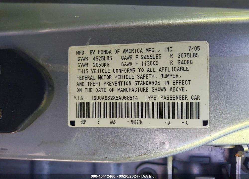 2005 ACURA TL VIN: 19UUA662X5A068514