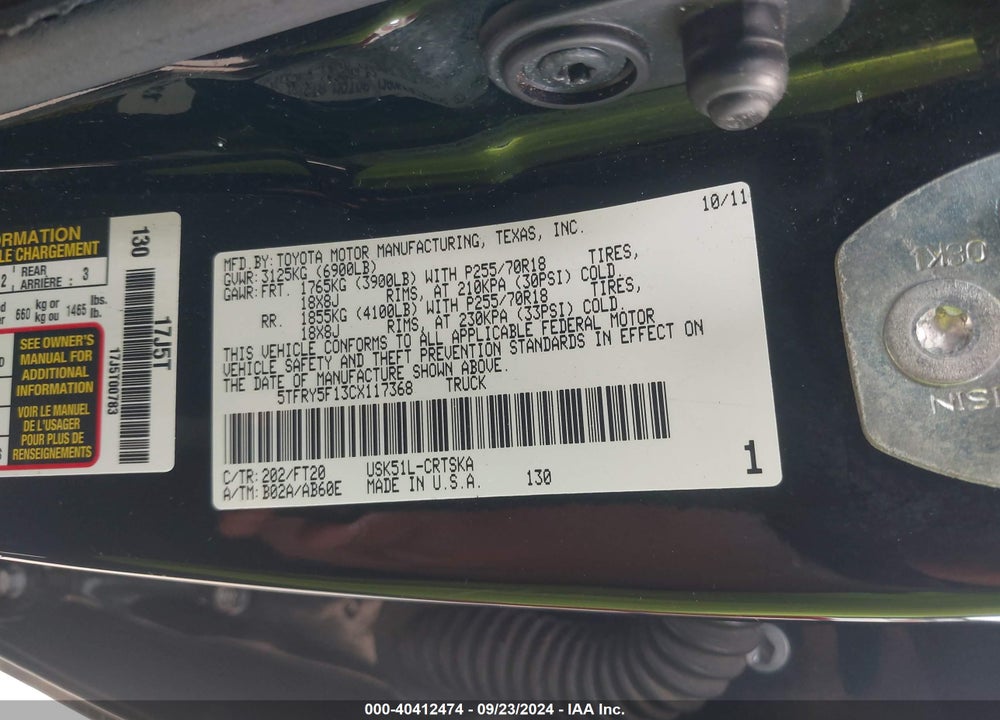 2012 TOYOTA TUNDRA GRADE 5.7L V8 VIN: 5TFRY5F13CX117368