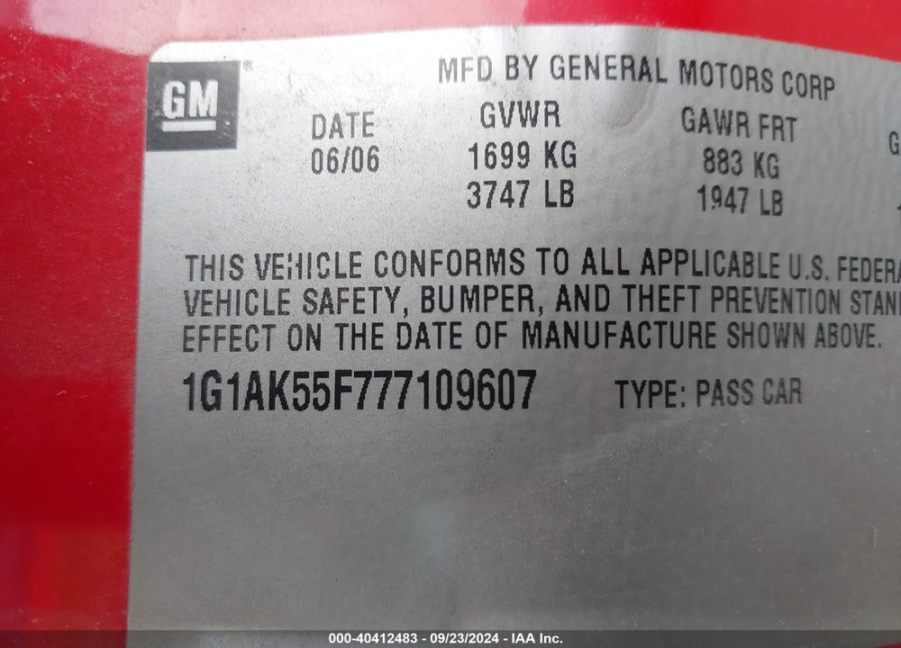 2007 CHEVROLET COBALT LS VIN: 1G1AK55F777109607