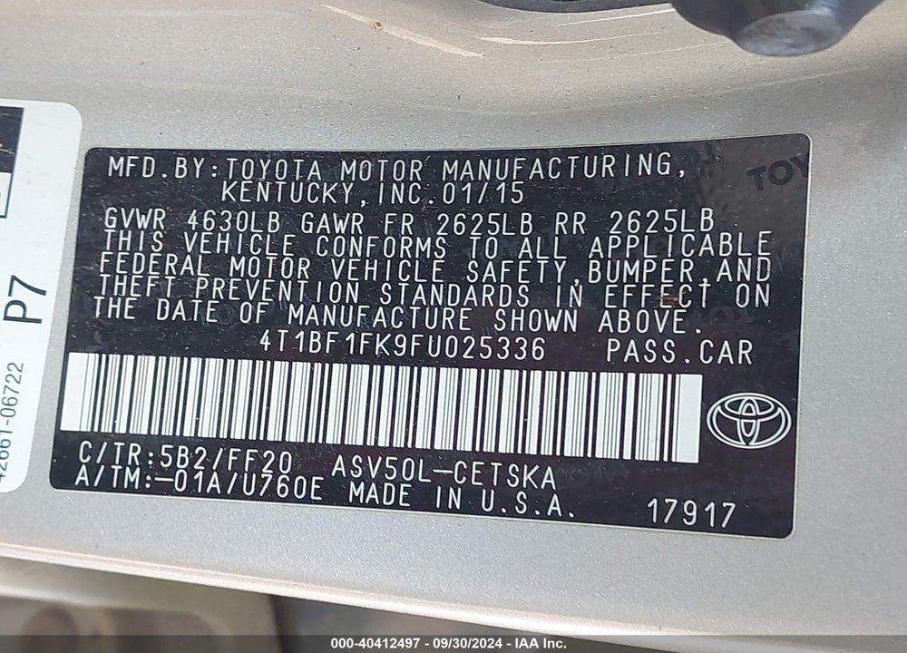 2015 TOYOTA CAMRY SE VIN: 4T1BF1FK9FU025336