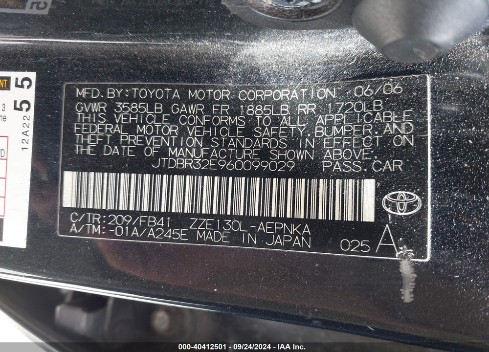 2006 TOYOTA COROLLA LE VIN: JTDBR32E960099029