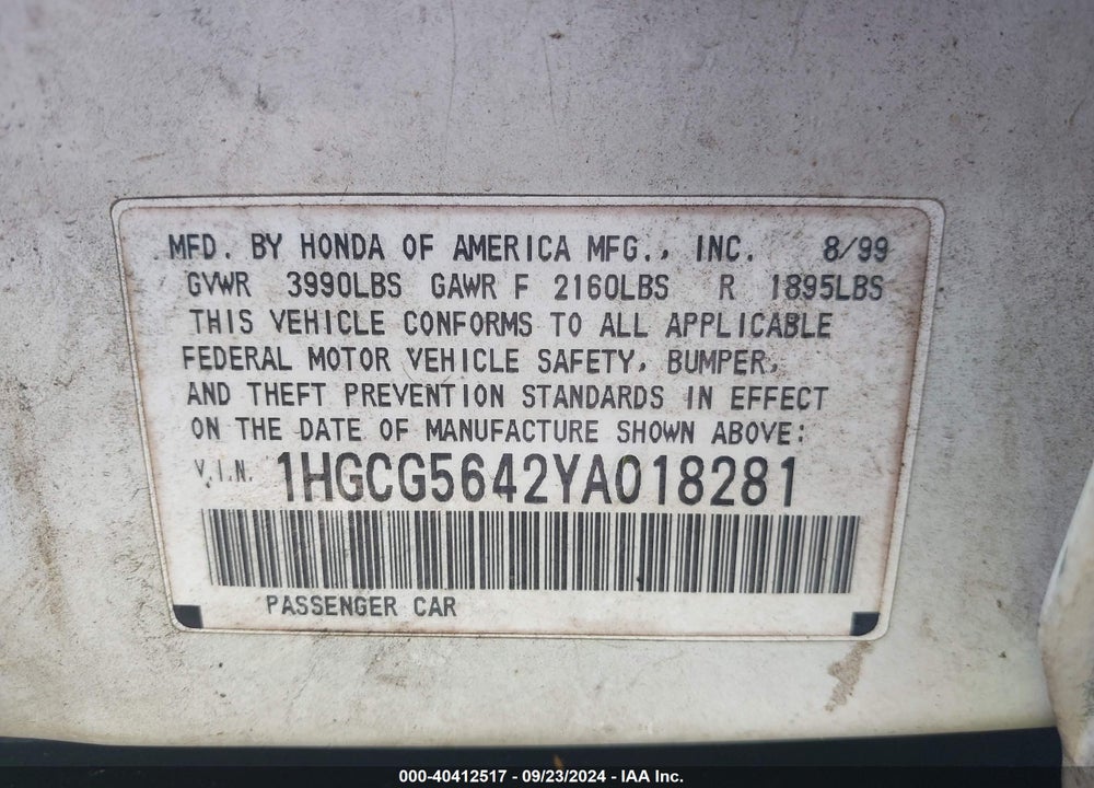2000 HONDA ACCORD VIN: 1HGCG5642YA018281