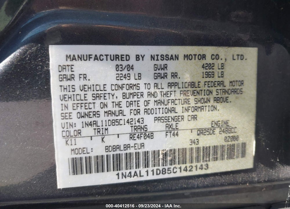 2005 NISSAN ALTIMA 2.5 S VIN: 1N4AL11D85C142143