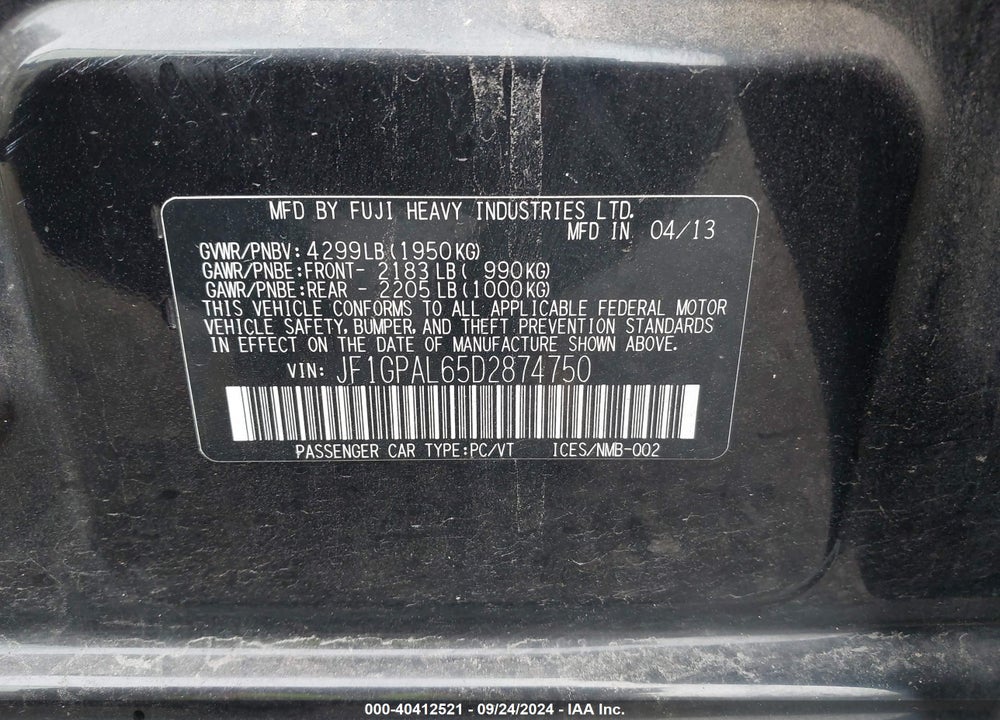 2013 SUBARU IMPREZA 2.0I SPORT PREMIUM VIN: JF1GPAL65D2874750