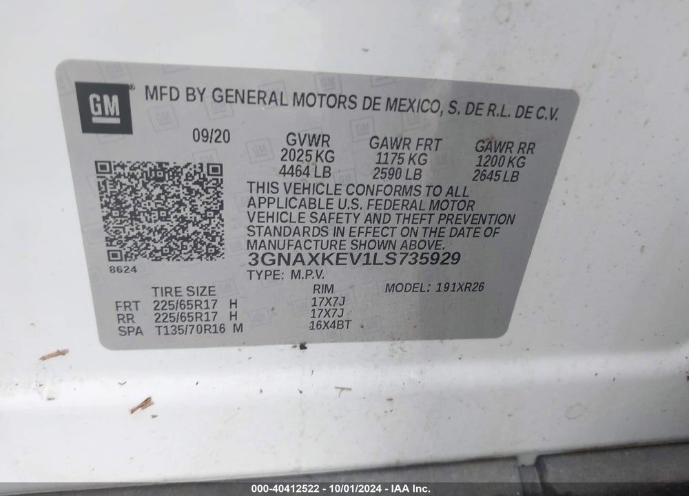 2020 CHEVROLET EQUINOX FWD LT 1.5L TURBO VIN: 3GNAXKEV1LS735929