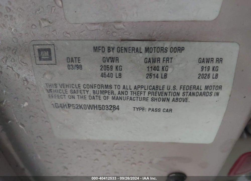 1998 BUICK LESABRE VIN: 1G4HP52K0WH503284