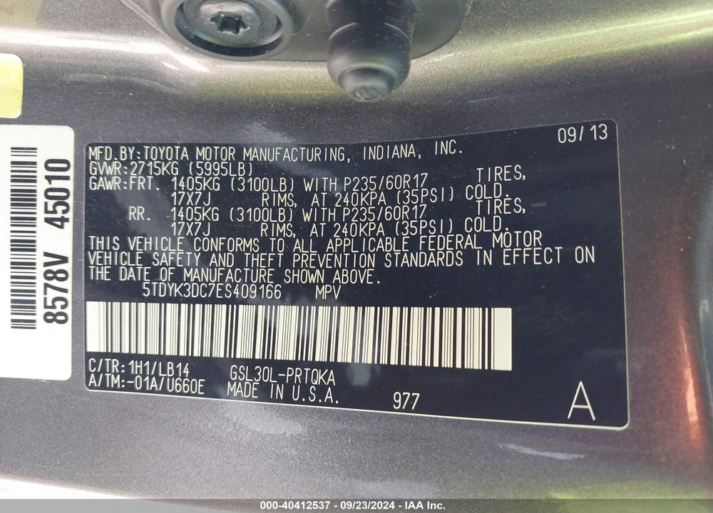 2014 TOYOTA SIENNA XLE V6 8 PASSENGER VIN: 5TDYK3DC7ES409166