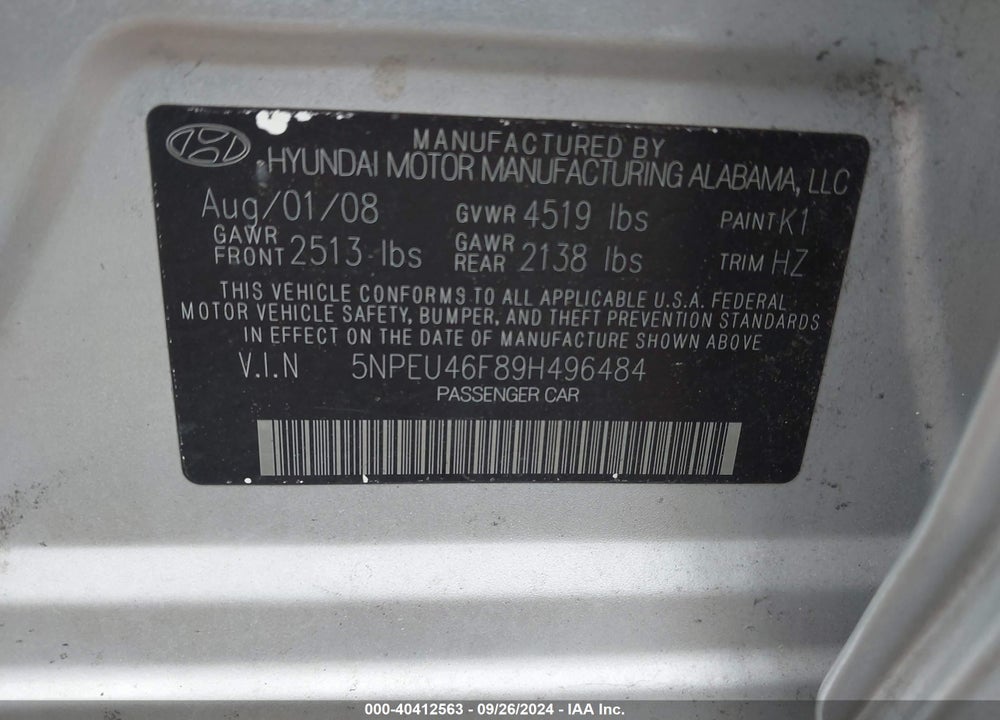 2009 HYUNDAI SONATA LIMITED V6 VIN: 5NPEU46F89H496484