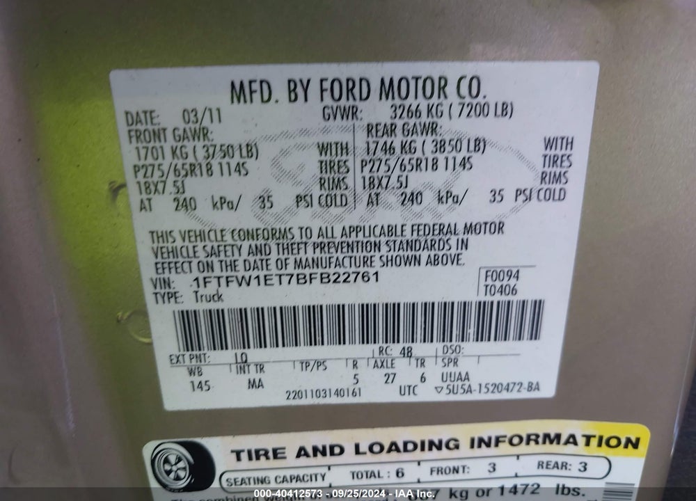 2011 FORD F-150 XLT VIN: 1FTFW1ET7BFB22761