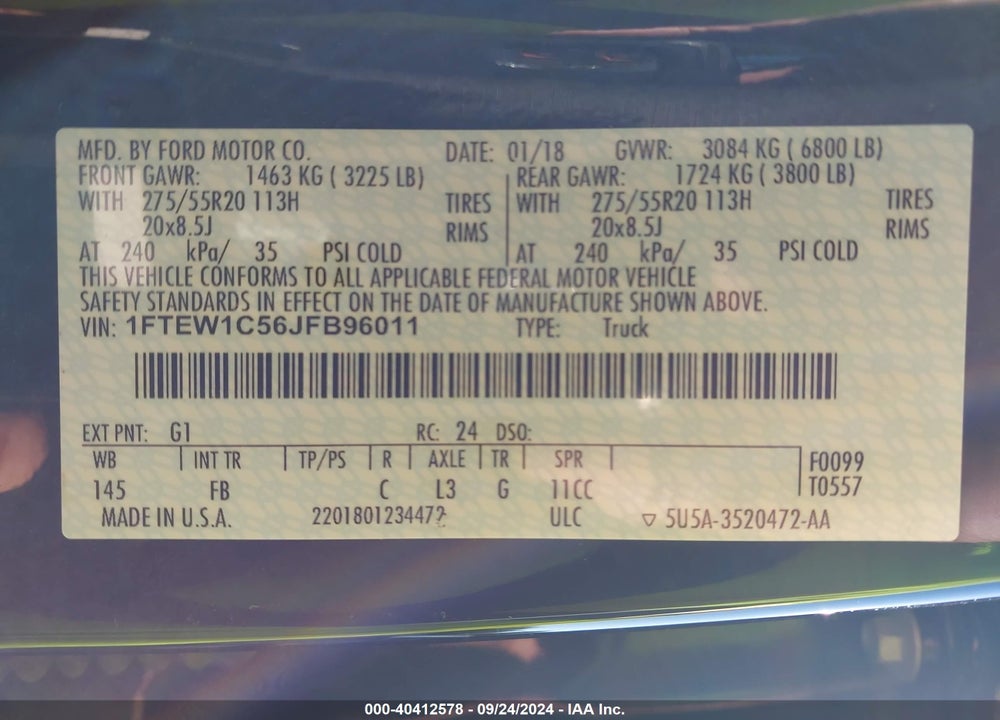 2018 FORD F-150 XLT VIN: 1FTEW1C56JFB96011