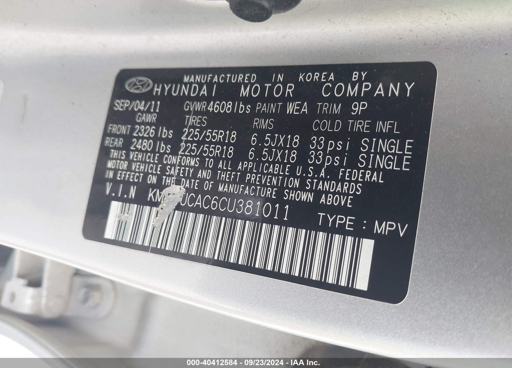 2012 HYUNDAI TUCSON LIMITED VIN: KM8JUCAC6CU381011
