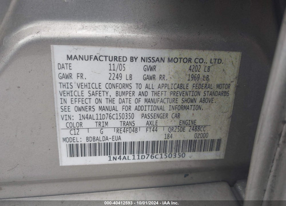 2006 NISSAN ALTIMA VIN: 1N4AL11D76C150350