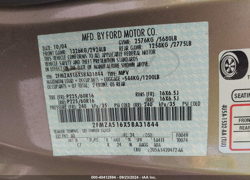 2005 FORD FREESTAR SE VIN: 2FMZA516X5BA31844