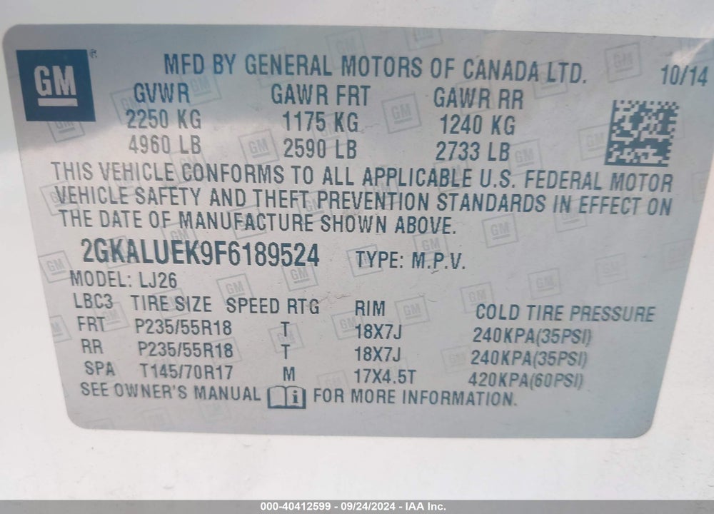 2015 GMC TERRAIN DENALI VIN: 2GKALUEK9F6189524
