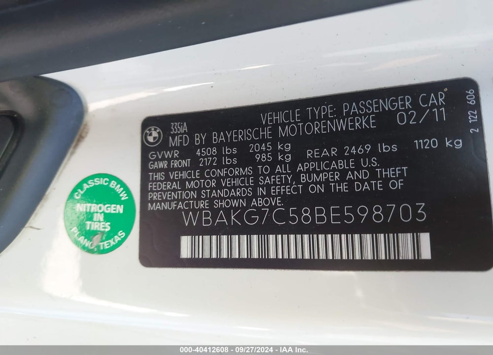 2011 BMW 335I VIN: WBAKG7C58BE598703