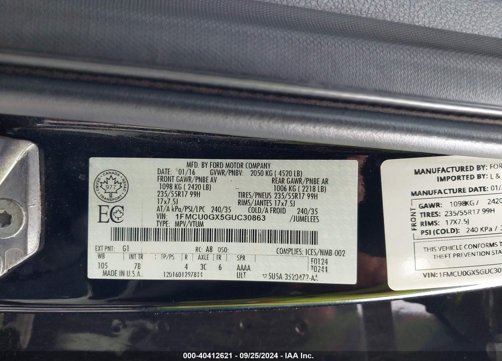 2016 FORD ESCAPE SE VIN: 1FMCU0GX5GUC30863