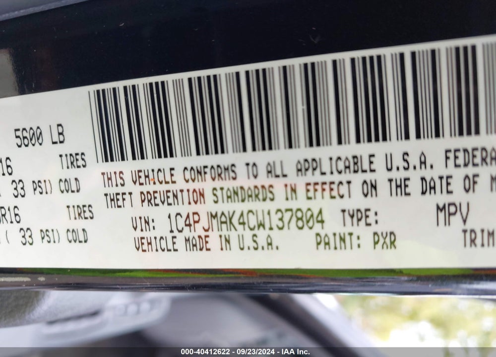 2012 JEEP LIBERTY SPORT VIN: 1C4PJMAK4CW137804