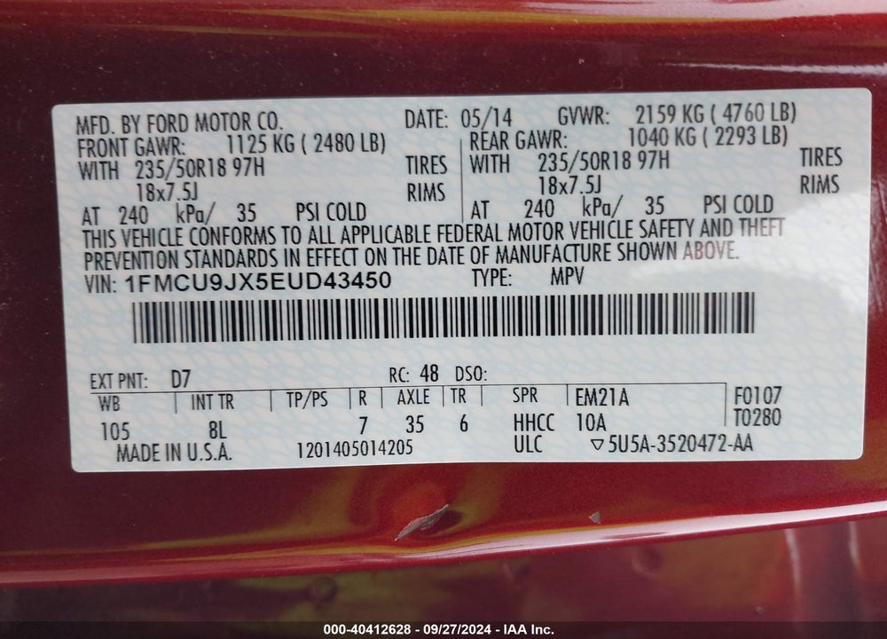 2014 FORD ESCAPE TITANIUM VIN: 1FMCU9JX5EUD43450
