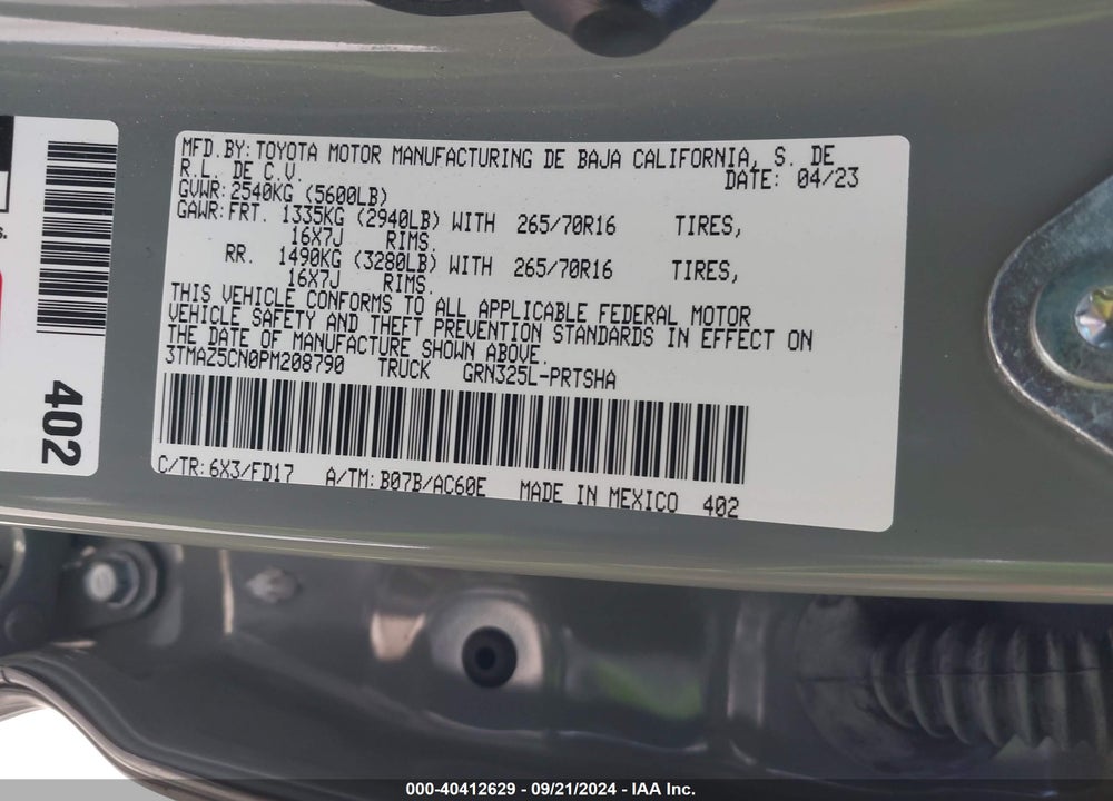2023 TOYOTA TACOMA TRD OFF ROAD VIN: 3TMAZ5CN0PM208790