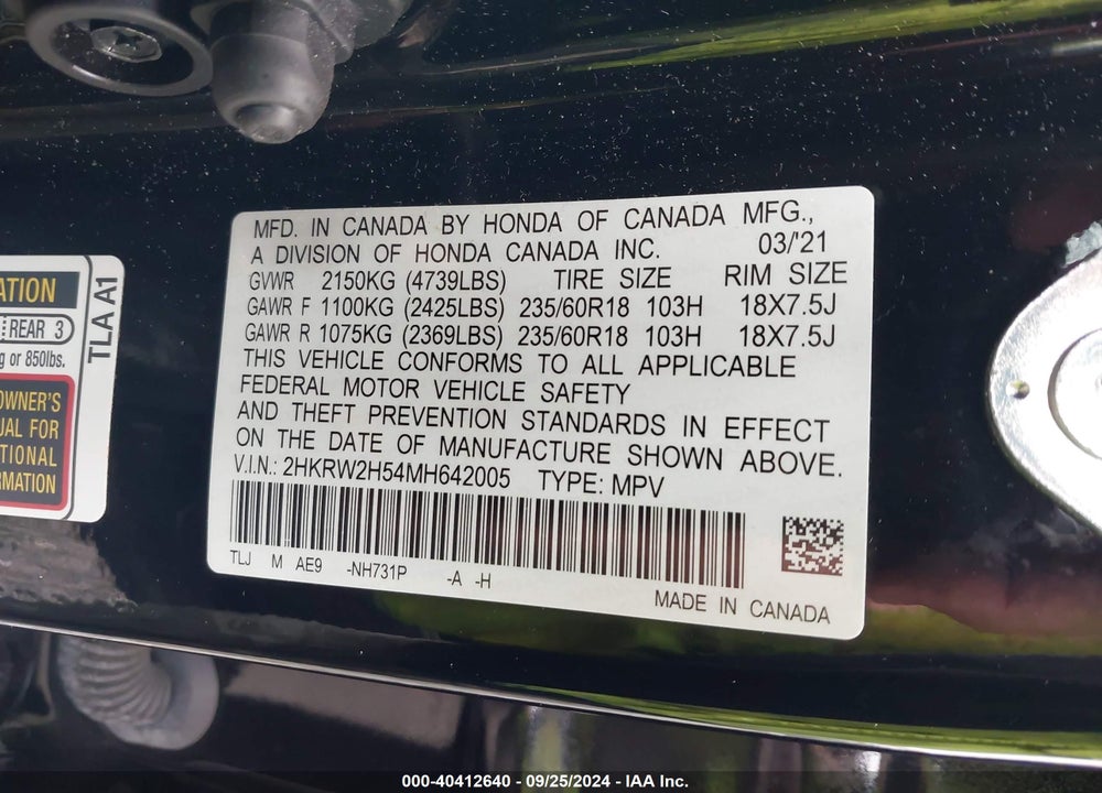 2021 HONDA CR-V AWD EX VIN: 2HKRW2H54MH642005