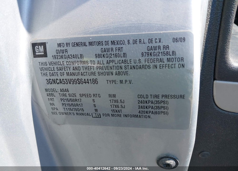 2009 CHEVROLET HHR LT VIN: 3GNCA53V99S644186
