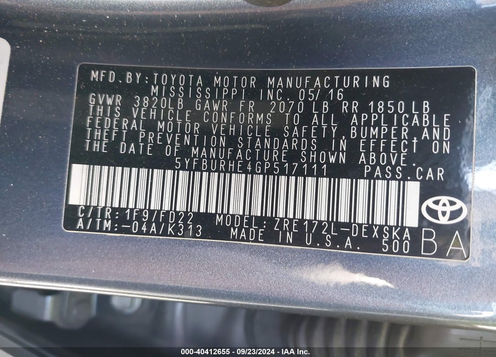 2016 TOYOTA COROLLA S PLUS VIN: 5YFBURHE4GP517111