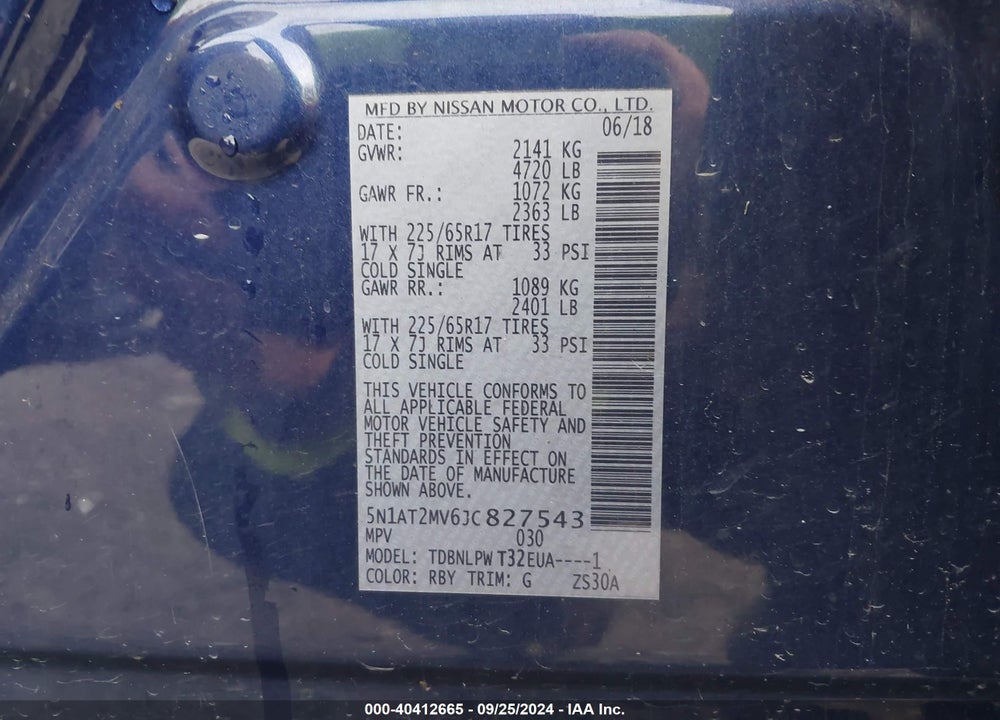 2018 NISSAN ROGUE S VIN: 5N1AT2MV6JC827543