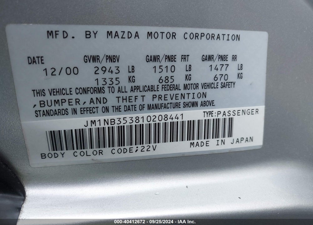 2001 MAZDA MX-5 MIATA LS/SPECIAL EDITION VIN: JM1NB353810208441