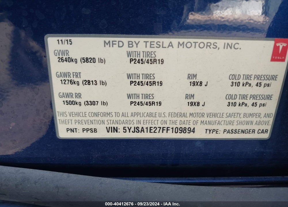 2015 TESLA MODEL S 70D/85D/P85D VIN: 5YJSA1E27FF109894