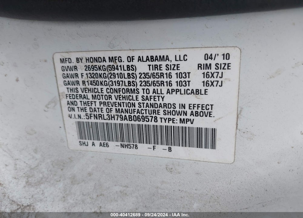 2010 HONDA ODYSSEY EX-L VIN: 5FNRL3H79AB069578