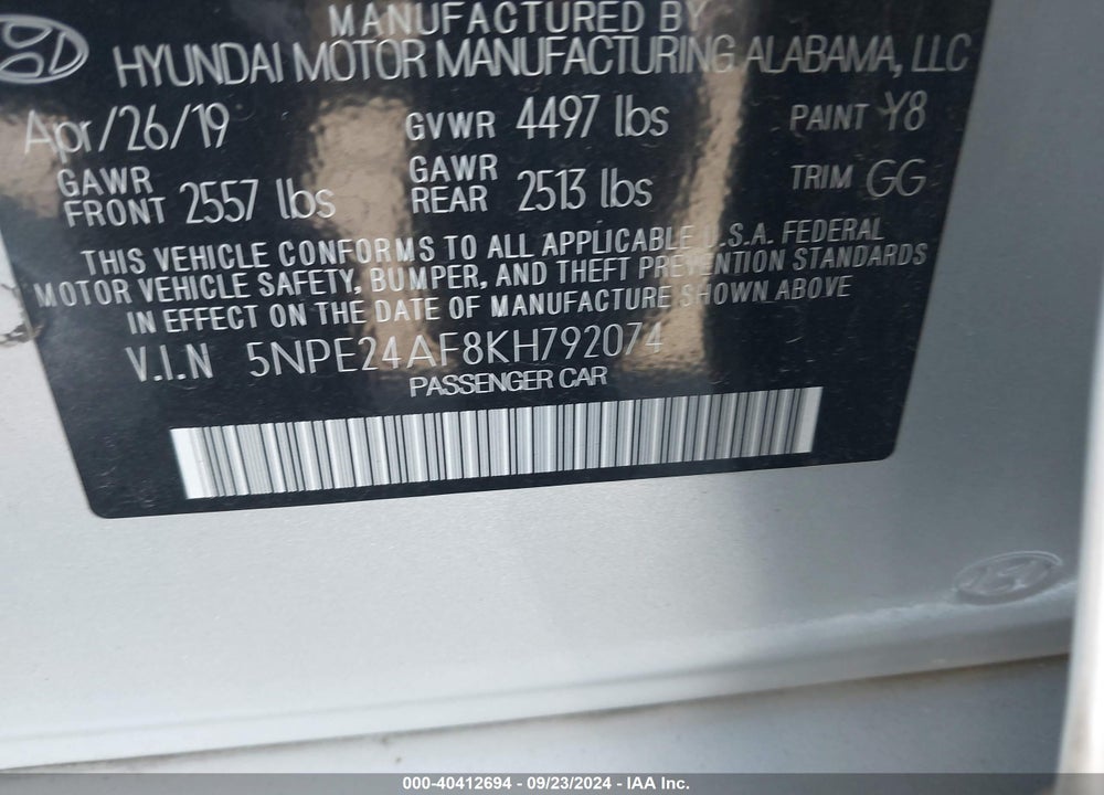 2019 HYUNDAI SONATA SE VIN: 5NPE24AF8KH792074