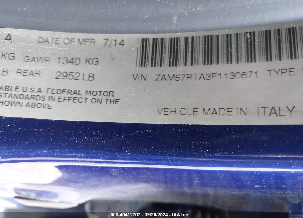 2015 MASERATI GHIBLI S Q4 VIN: ZAM57RTA3F1130671
