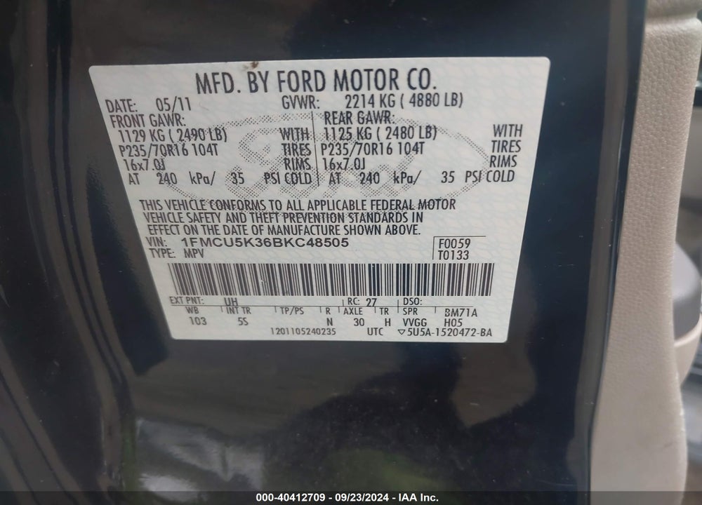 2011 FORD ESCAPE HYBRID LIMITED VIN: 1FMCU5K36BKC48505