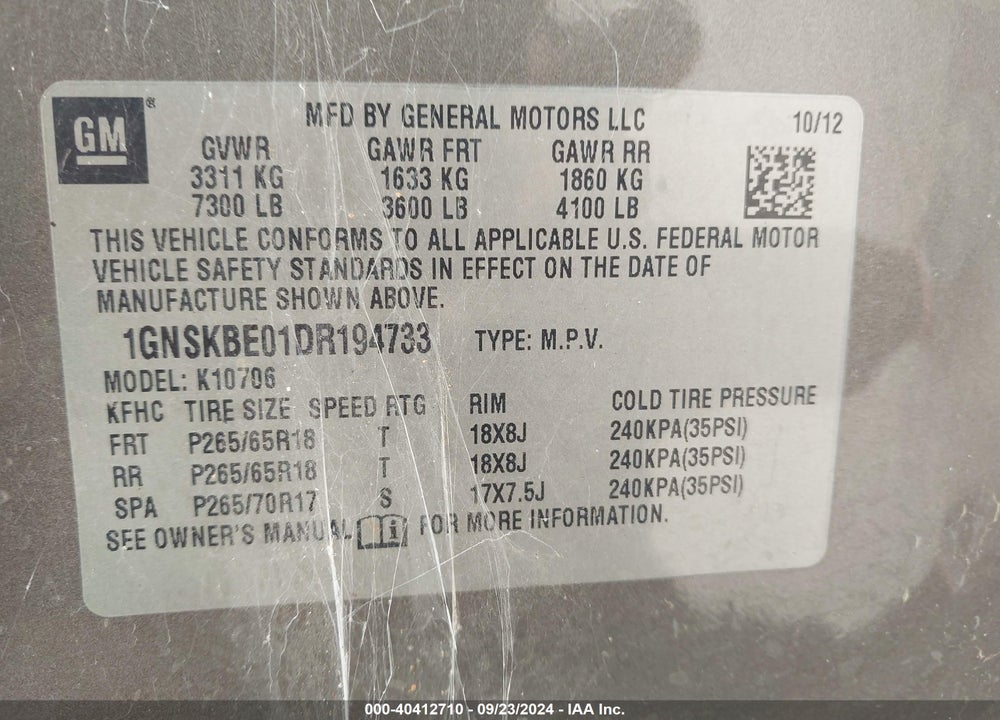 2013 CHEVROLET TAHOE LT VIN: 1GNSKBE01DR194733