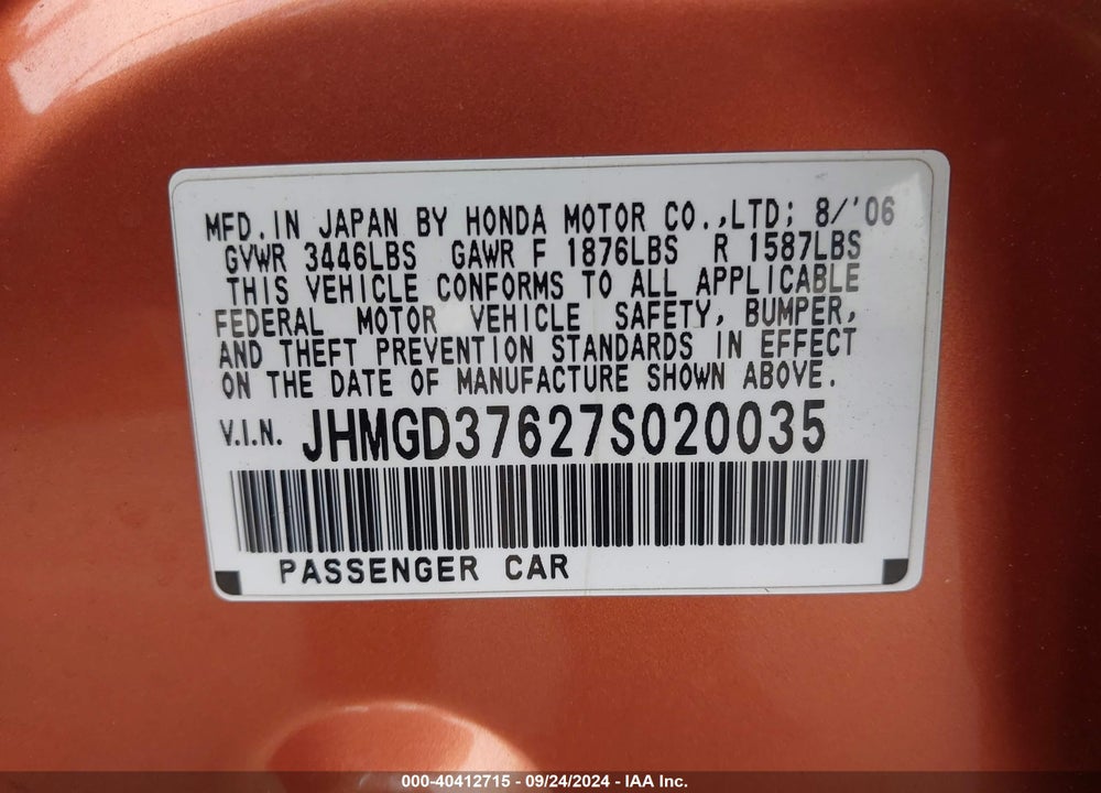 2007 HONDA FIT SPORT VIN: JHMGD37627S020035