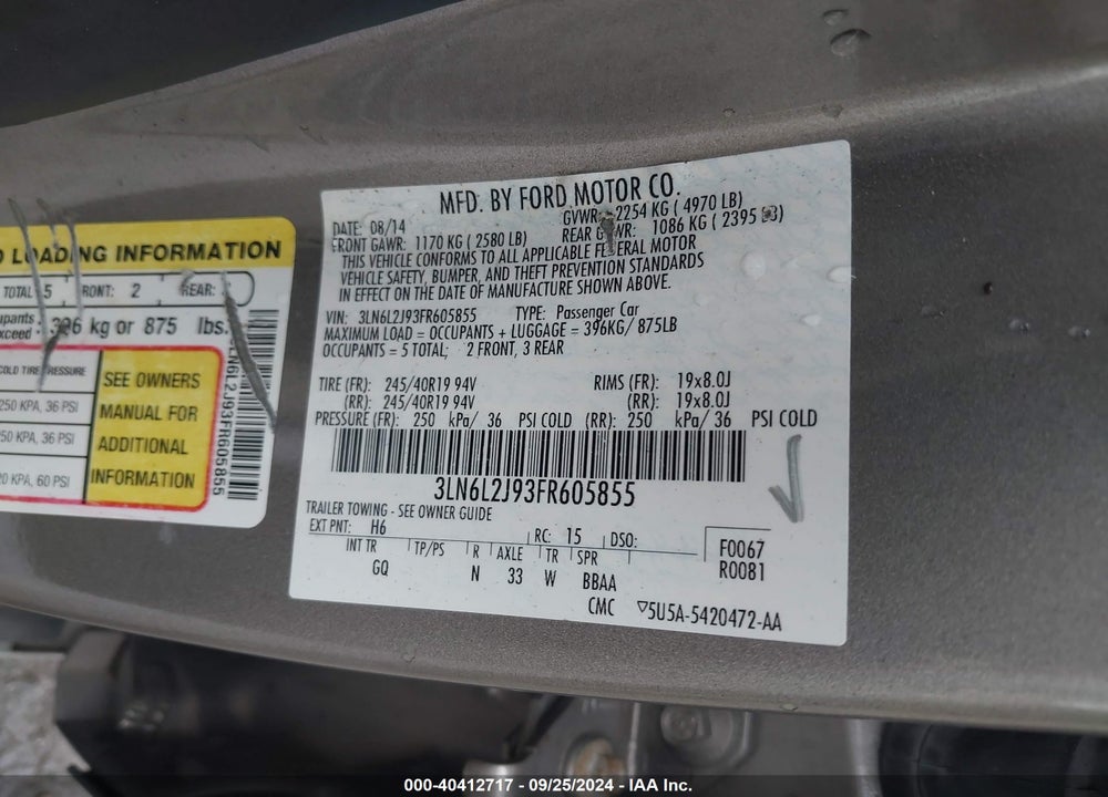 2015 LINCOLN MKZ VIN: 3LN6L2J93FR605855