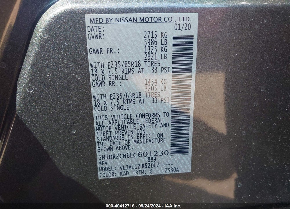 2020 NISSAN PATHFINDER SL 2WD VIN: 5N1DR2CN6LC601230
