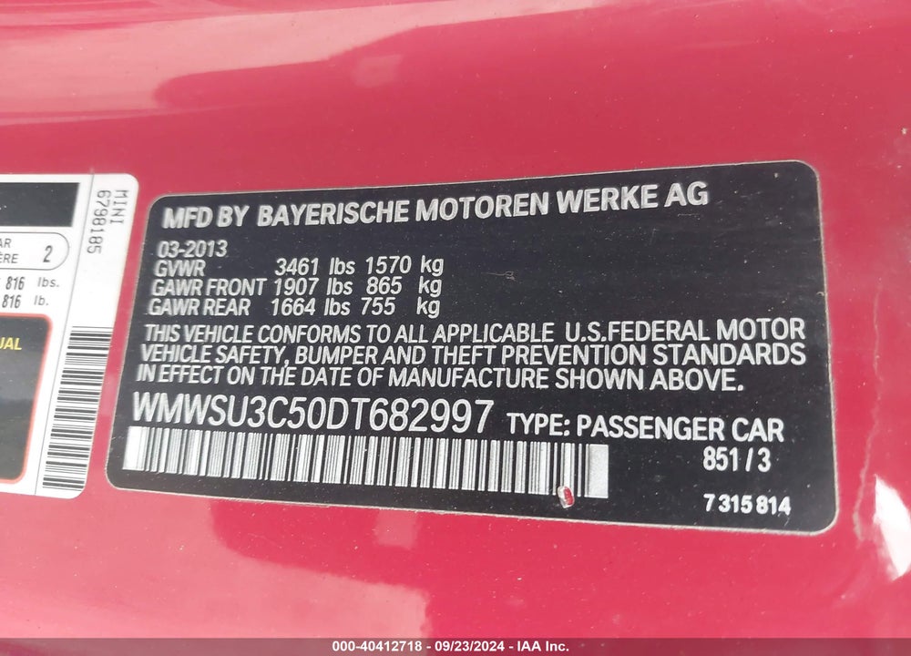 2013 MINI HARDTOP VIN: WMWSU3C50DT682997