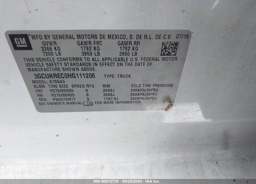 2017 CHEVROLET SILVERADO 1500 2LT VIN: 3GCUKREC0HG111206