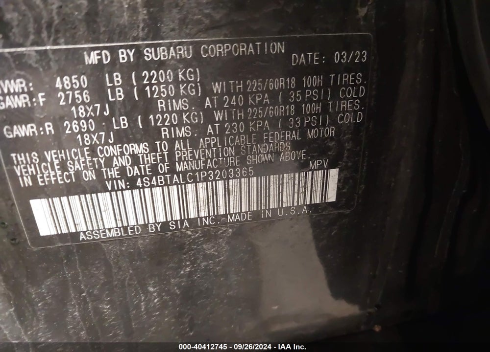 2023 SUBARU OUTBACK ONYX EDITION VIN: 4S4BTALC1P3203365