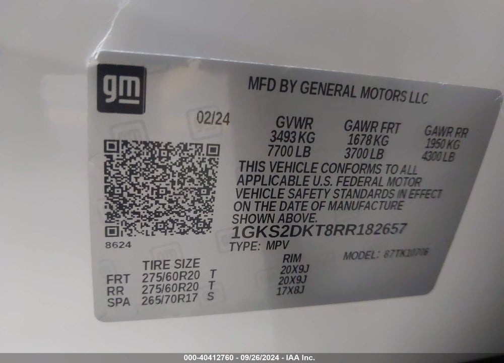 2024 GMC YUKON 4WD DENALI VIN: 1GKS2DKT8RR182657