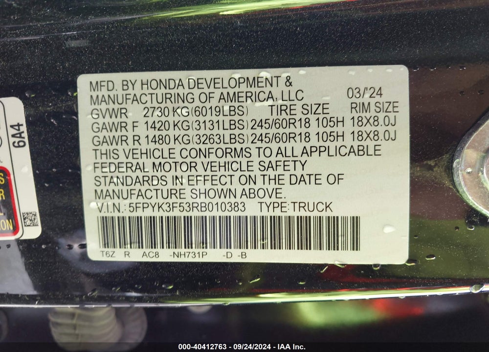 2024 HONDA RIDGELINE RTL VIN: 5FPYK3F53RB010383