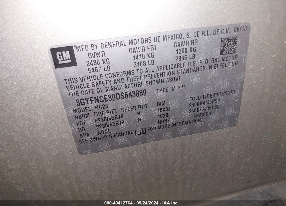 2013 CADILLAC SRX LUXURY COLLECTION VIN: 3GYFNCE39DS643889