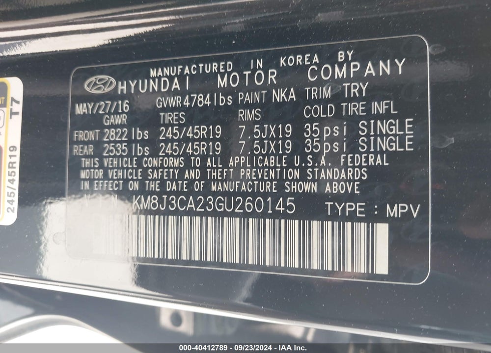 2016 HYUNDAI TUCSON SPORT VIN: KM8J3CA23GU260145