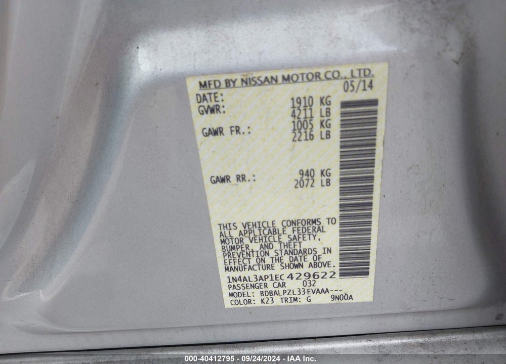 2014 NISSAN ALTIMA 2.5 VIN: 1N4AL3AP1EC429622