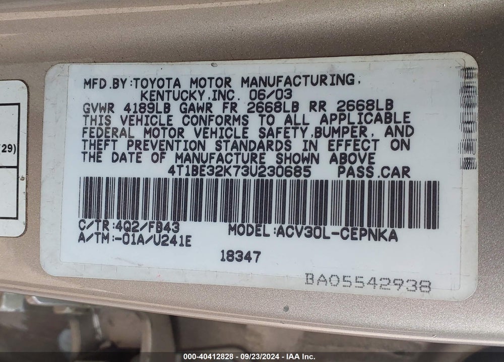 2003 TOYOTA CAMRY LE VIN: 4T1BE32K73U230685