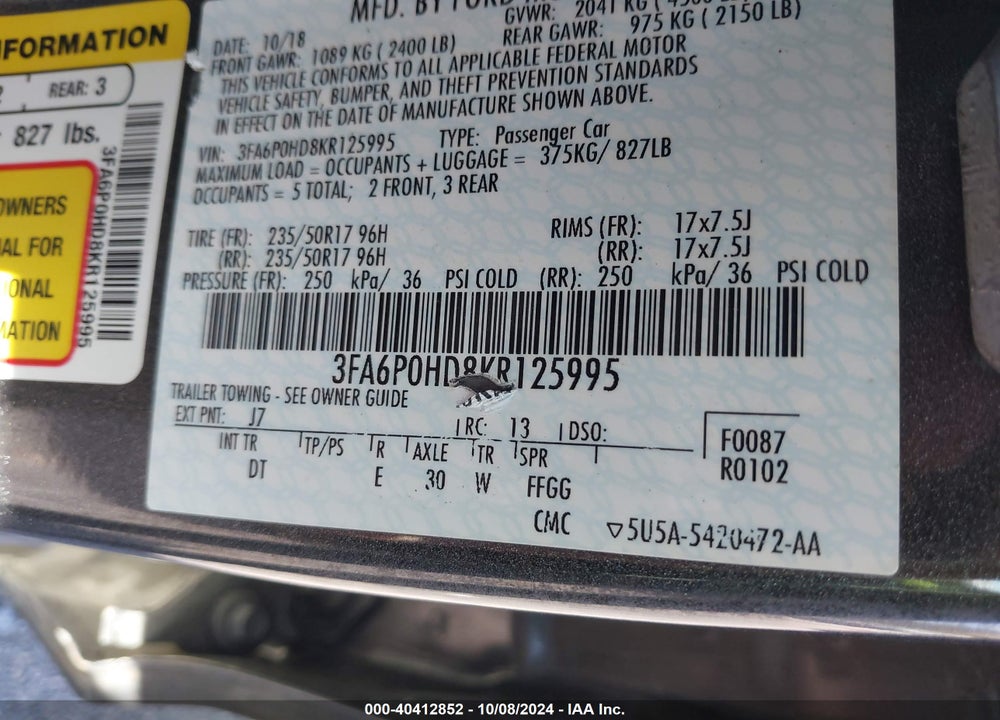 2019 FORD FUSION SE VIN: 3FA6P0HD8KR125995