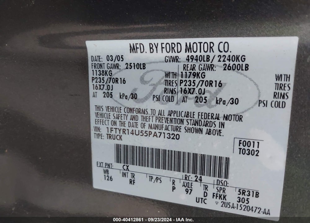 2005 FORD RANGER EDGE/STX/XL/XLT VIN: 1FTYR14U55PA71320
